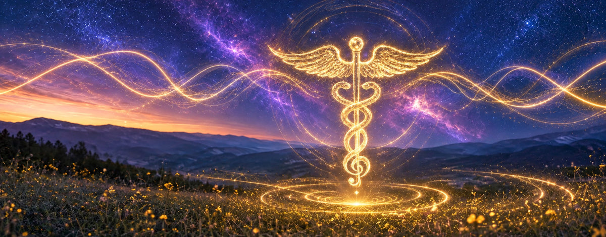 Golden winged medical staff radiating musical frequency waves above a mountain meadow under a star-filled sky.